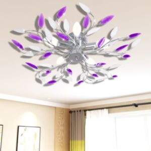Griestu lampa ar purpursarkaniem un baltiem kristāliem ar lapām 5 x E14 spuldzes