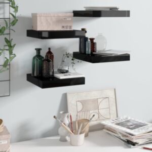 U24 sienas plaukti, 4 gab., Spīdīgs, melns, 23 x 23,5 x 3,8 cm MDF