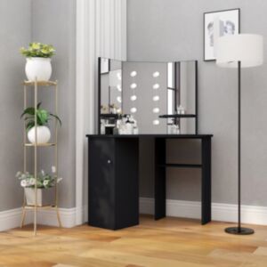 U24 stūra tualetes galds ar LED gaismu, melns, 111 x 54 x 141,5 cm