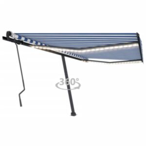 Pood24 käsitsi sissetõmmatav varikatus LED, 400x300 cm sinine ja valge