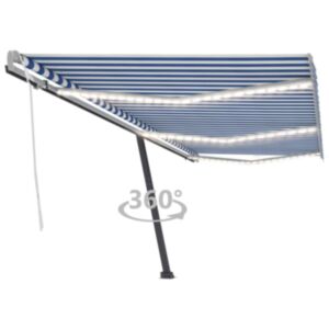 Pood24 käsitsi sissetõmmatav varikatus LED, 600x350 cm, sinine/valge